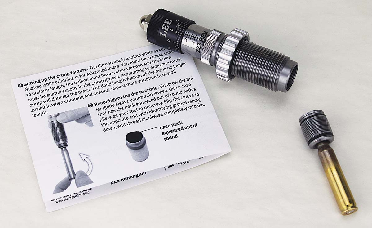 The Dead Length bullet seating sleeve can be reversed to seat and crimp bullets in one operation, or the provided Factory Crimp Die instead. Lee’s out-of-round case neck “tool” is a novel approach to removing and reinstalling the sleeve.